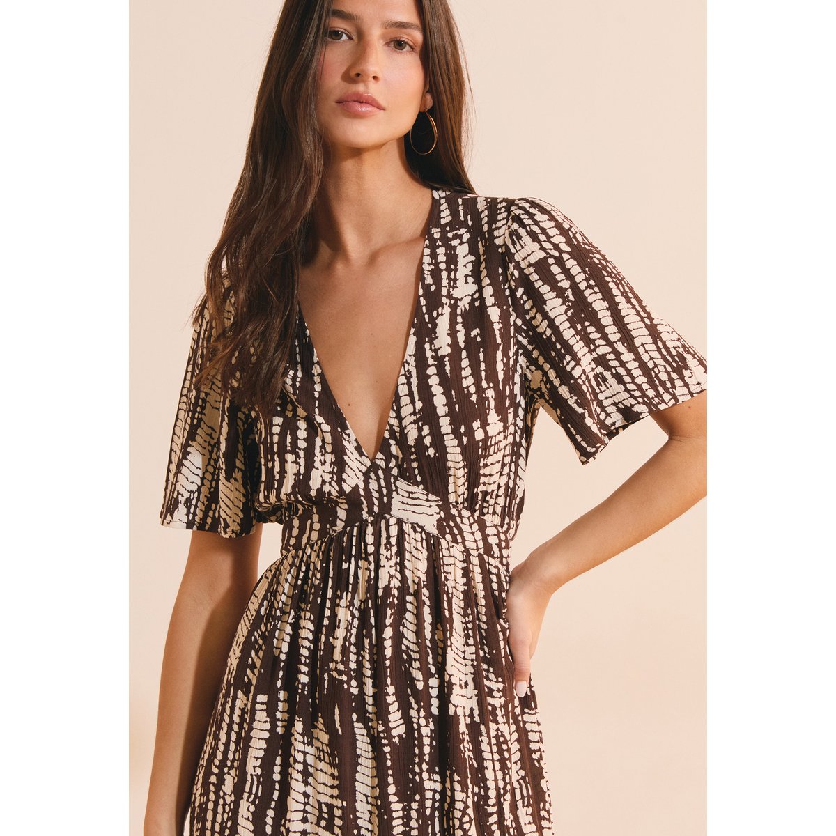 Robe longue col V à motifs ROMELIE IMP imp fd marron, ETAM