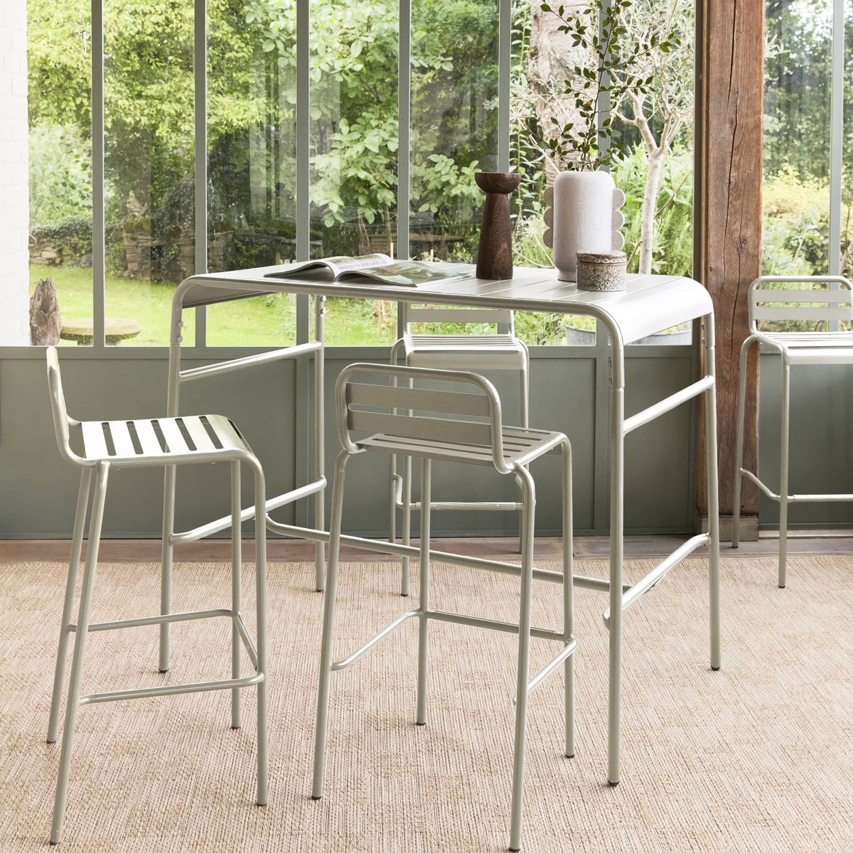 Table haute de jardin acier + 4 assises AMÉLIA beige, SWEEEK