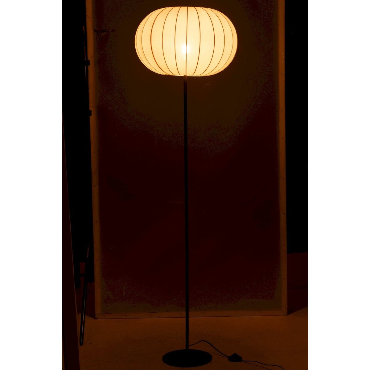 Lampadaire lanterne rond en métal et textile blanc textile et métal noir, RECOLLECTION
