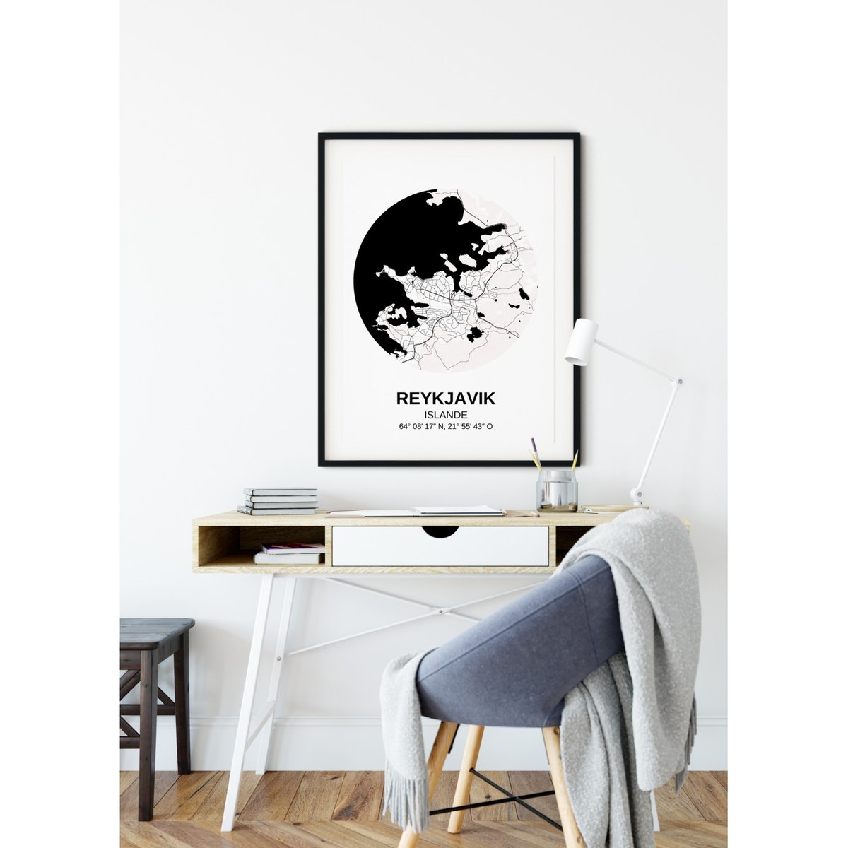 Affiche Carte Reykjavik blanc, L'AFFICHERIE