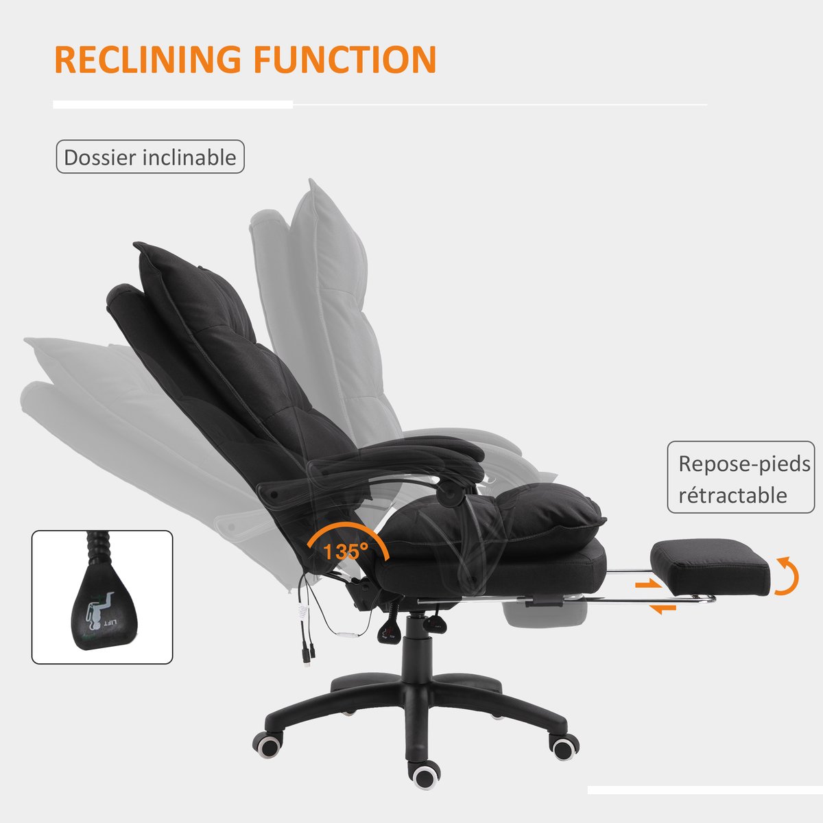 Fauteuil de bureau avec fonction massage Lin noir, HOMCOM