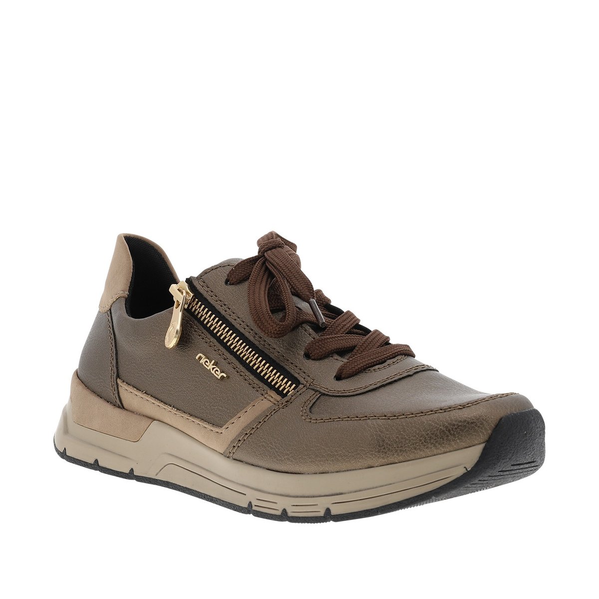 Baskets running bronze à talon plat avec des lacets et un zip latéral marron, RIEKER