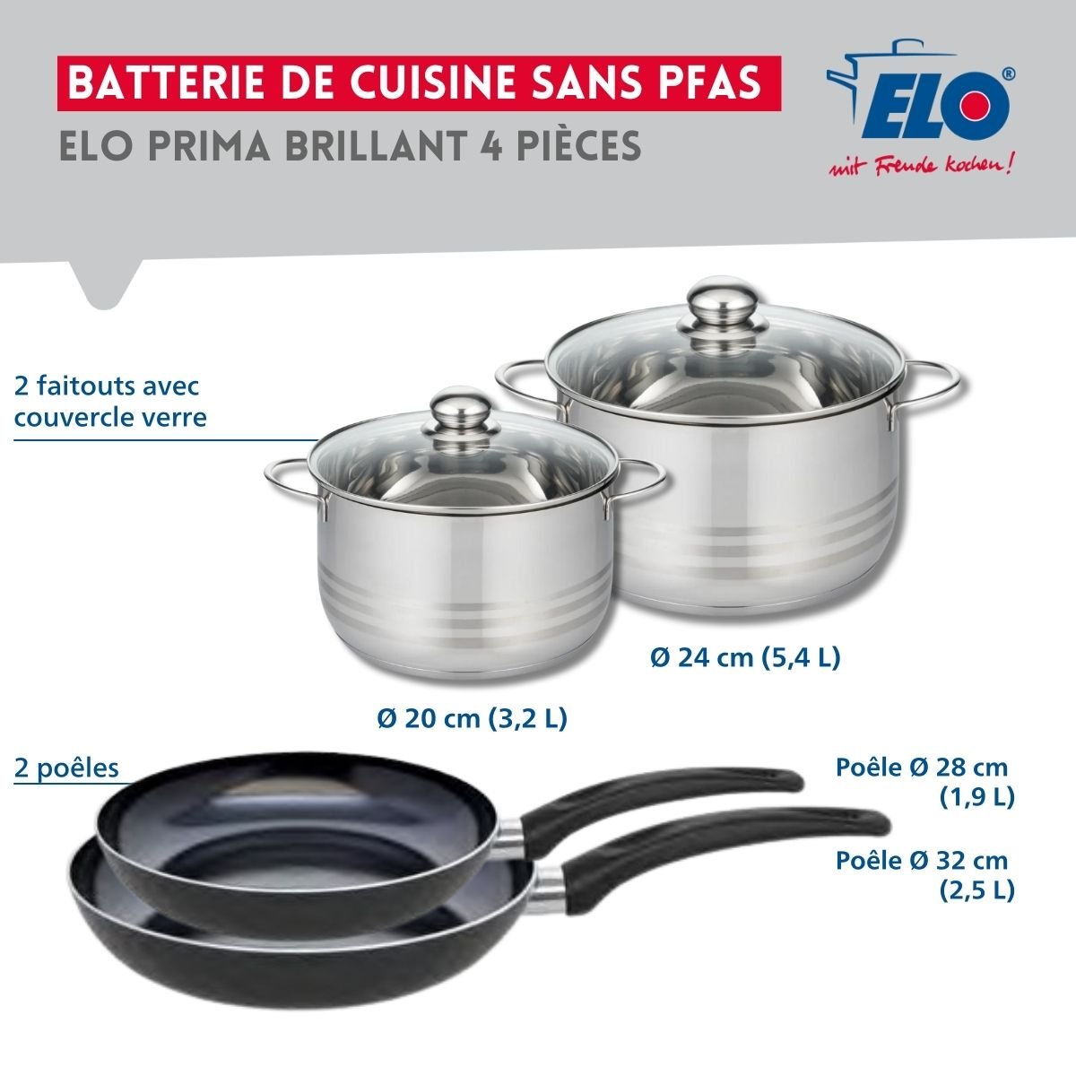Batterie 2 poêles 28/32cm + 2 faitouts 20/24cm PRIMA BRILLANT noir, ELO