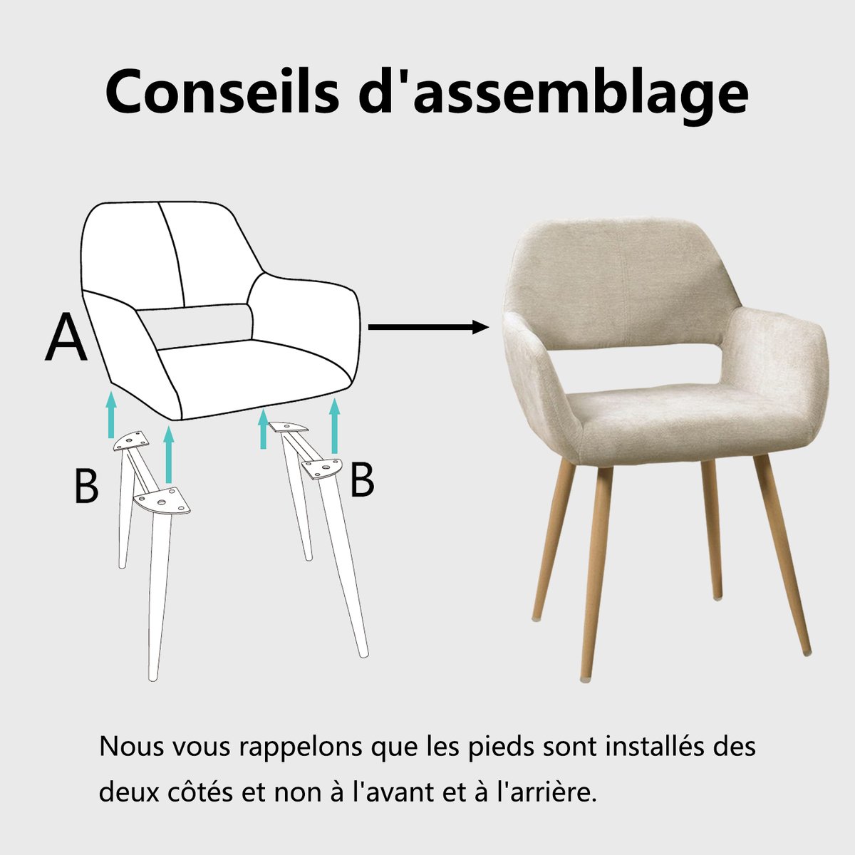 Lot de 4 chaises de salle à manger fauteuil scandinave, CROMWELL beige, MEUBLES COSY