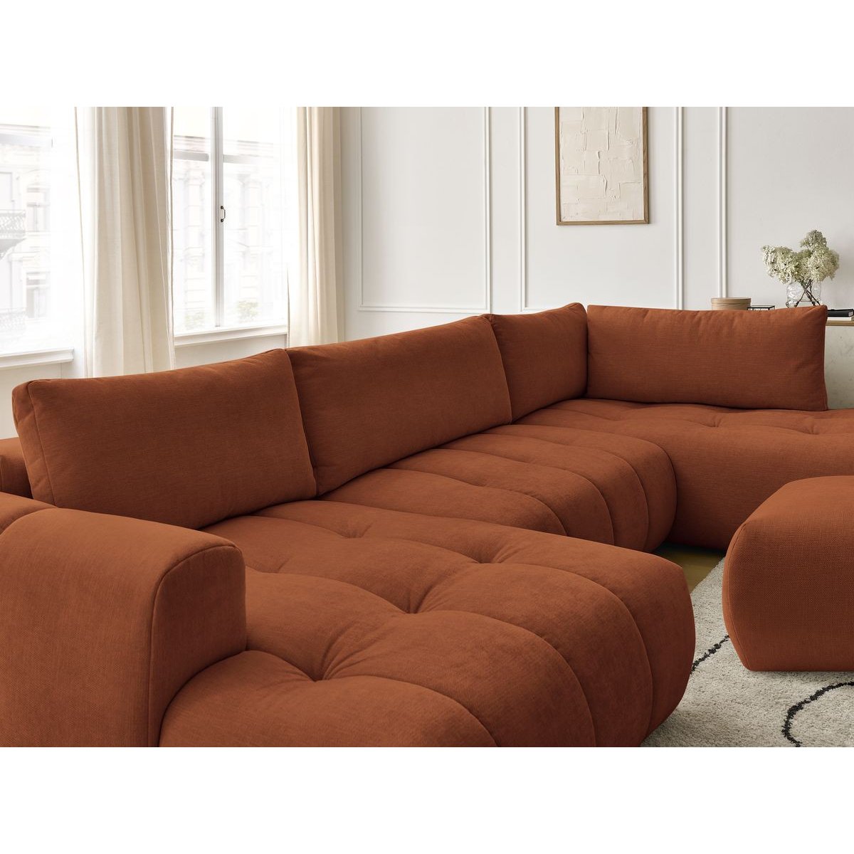 Canapé panoramique convertible 5 places en tissu lisse avec pouf, FUJI orange, BOBOCHIC