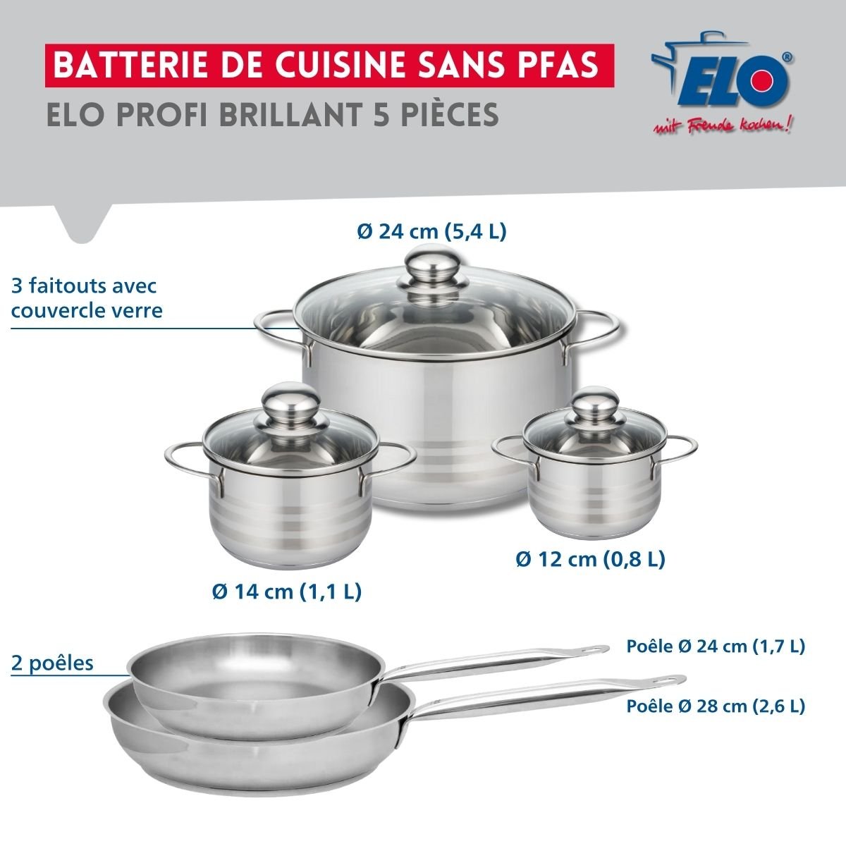 Batterie 2 poêles 24/28cm + 3 faitouts 12/14/24cm PROFI BRILLANT gris, ELO