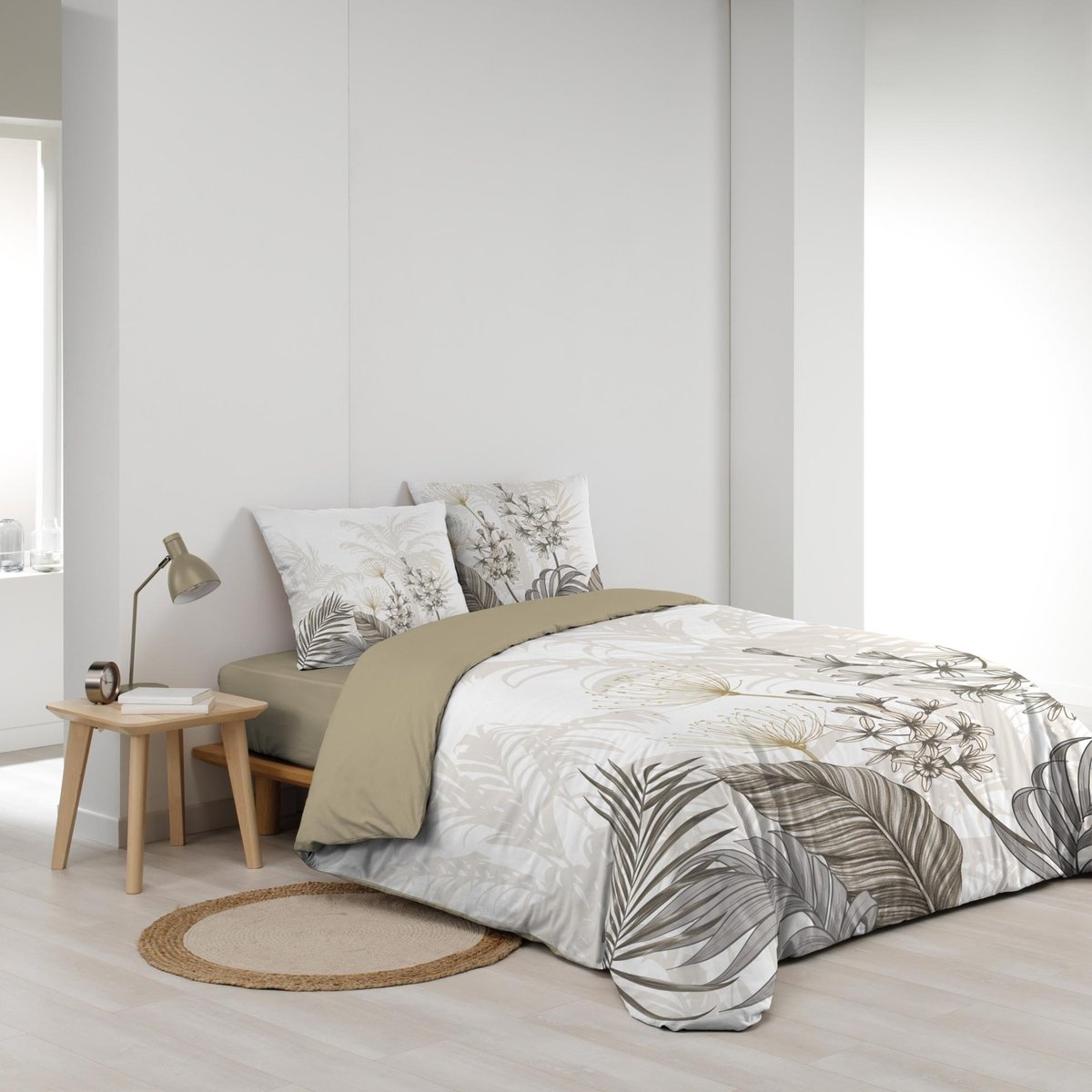 Parure de lit 3 pièces coton motif feuillage floral housse + 2 taies blanc, DOUCEUR D'INTÉRIEUR