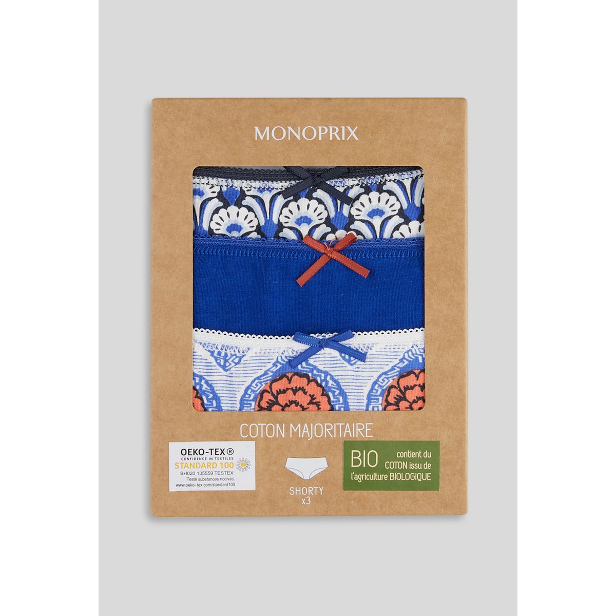 Lot de 3 shortys GARANCE en coton BIO, Oeko-Tex marine, MONOPRIX