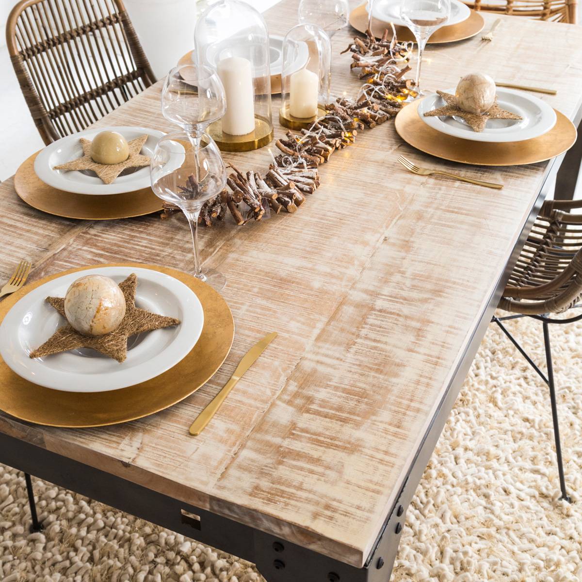 Table à manger en métal rectangle LOCKER bois clair, MADE IN MEUBLES 