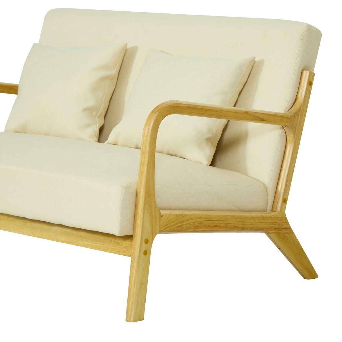 Banquette 2 places, bois massif et tissu beige, NORDLYS