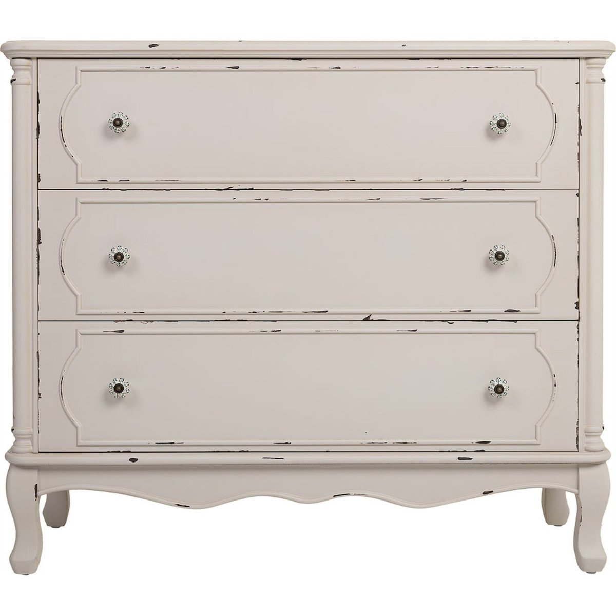 Commode en bois style vintage rectangulaire blanc antique patiné romantique, RECOLLECTION