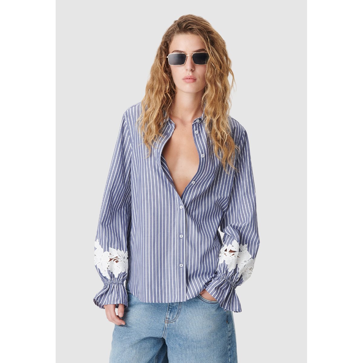 Chemise rayée et broderies fleurs bleu acier, IKKS