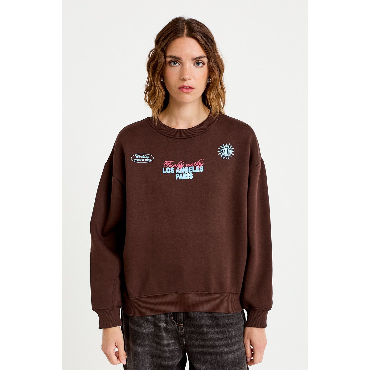 Sweat col rond manches longues marron foncé, CACHE CACHE