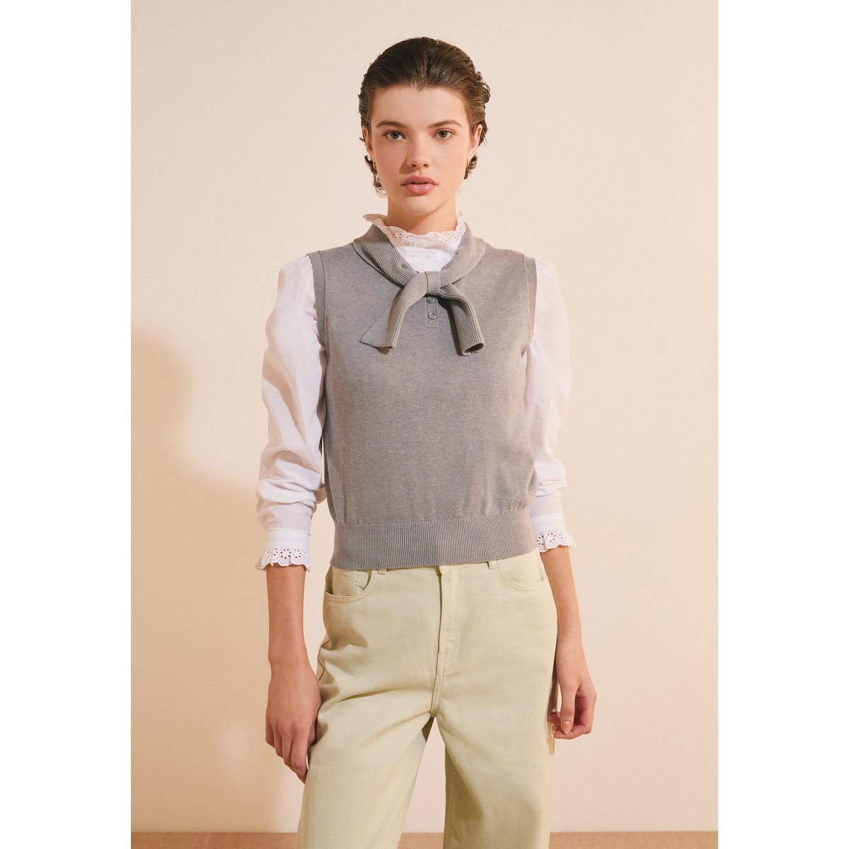 Pull sans manches avec lien à nouer en coton SORAYA gris clair, ETAM