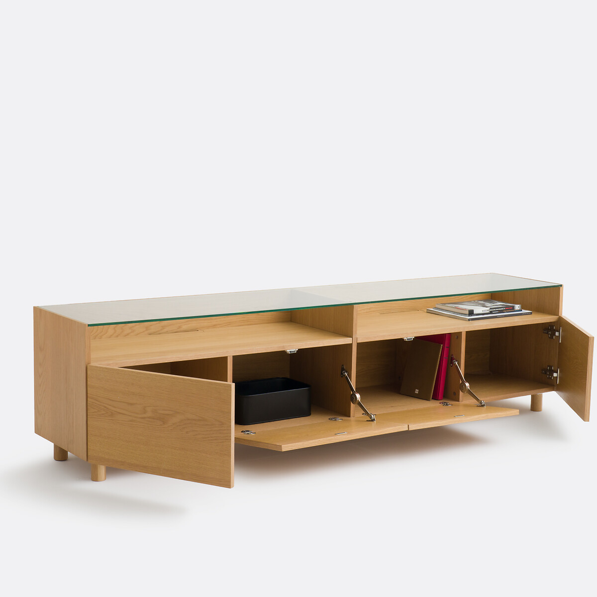 Meuble TV hifi XL, 4 portes, plateau verre, WALOR coloris chêne, LA REDOUTE INTERIEURS