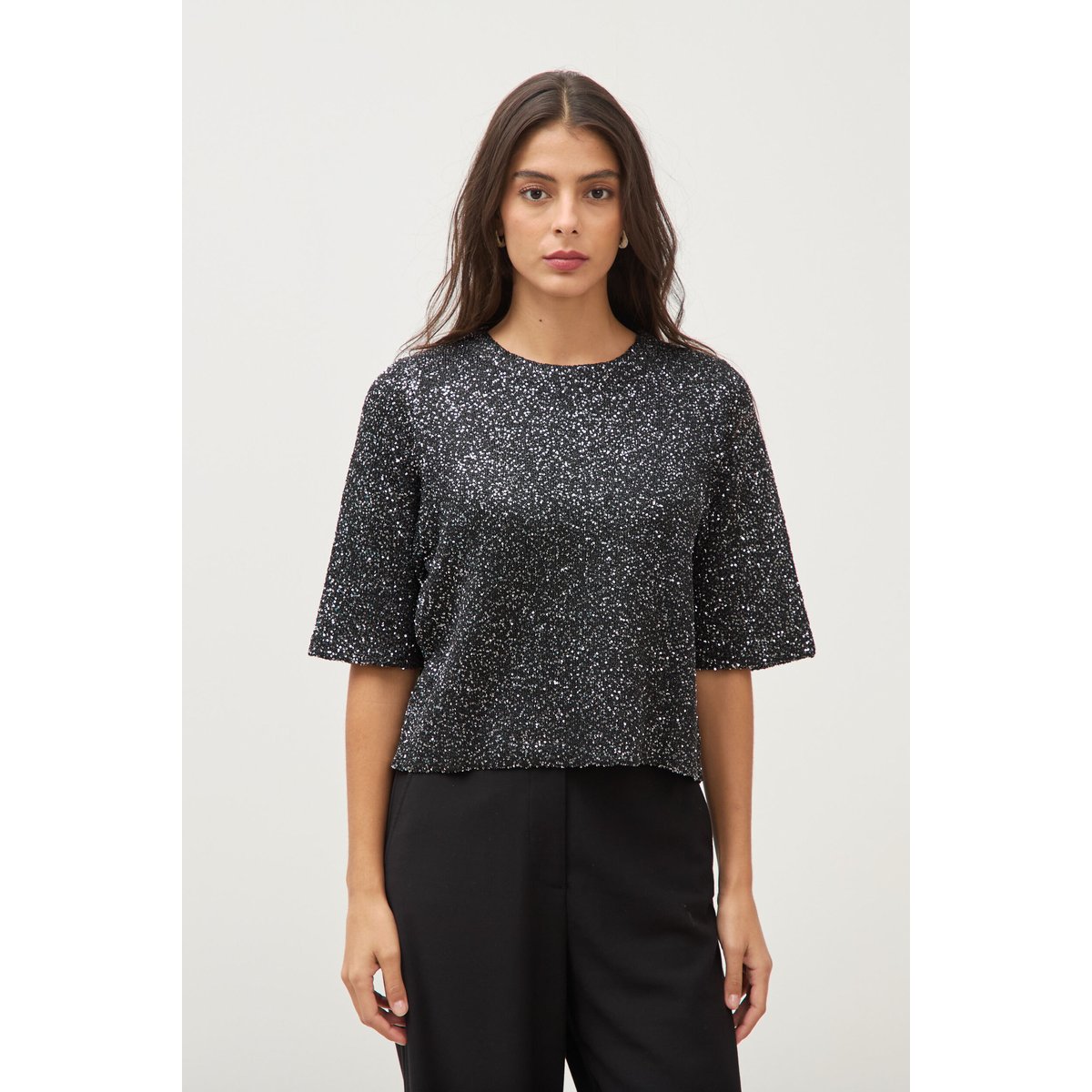 Pull manches courtes col rond brillant noir, BONOBO
