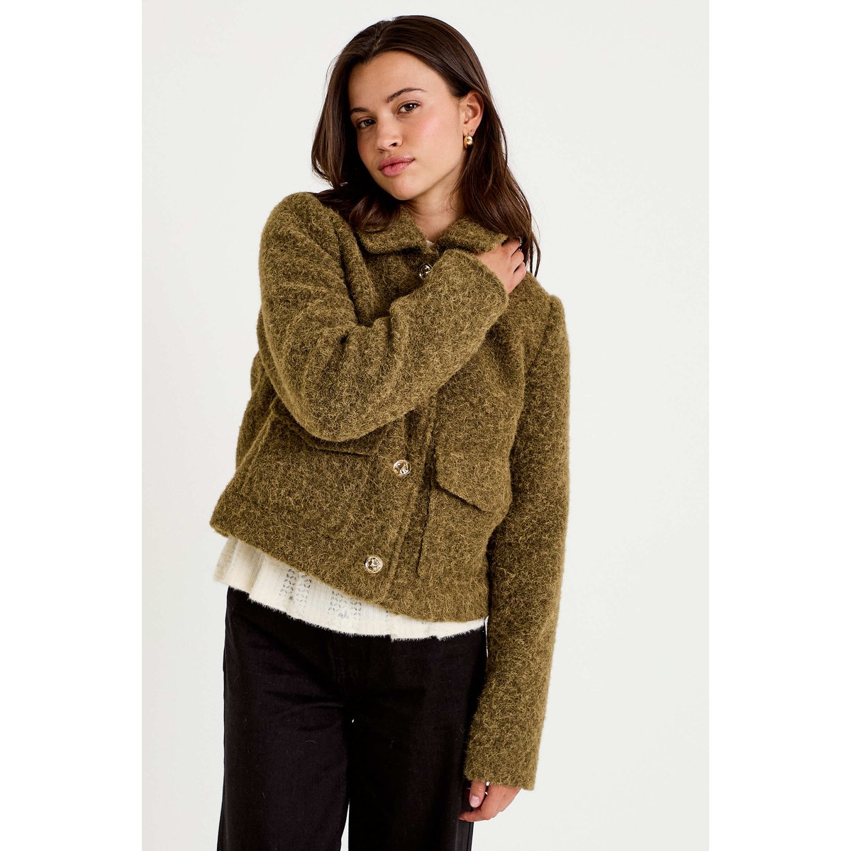 Veste droite bouclette col classique vert kaki, CACHE CACHE