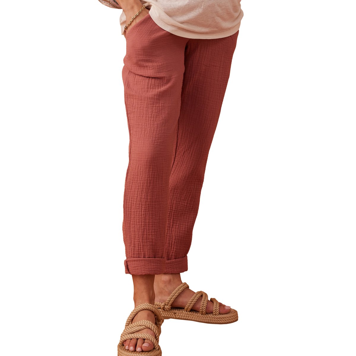 Pantalon grossesse en gaze de coton style paperbag vieux rose, ENVIE DE FRAISE