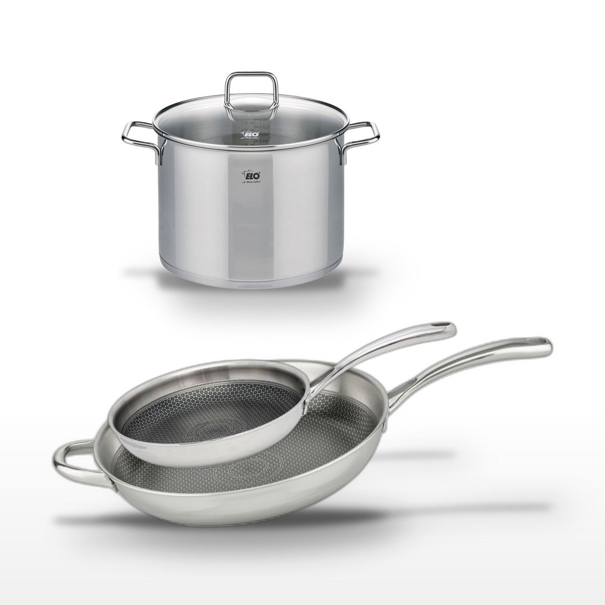 Batterie 2 poêles 28/32cm + 1 faitout 14cm RELIEF EVOLUTION inox, ELO