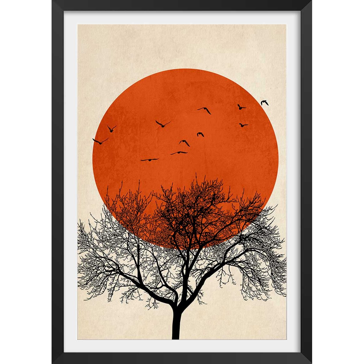 Affiche ""soleil rouge graphique"" affiche + cadre en bois - noir, HEXOA