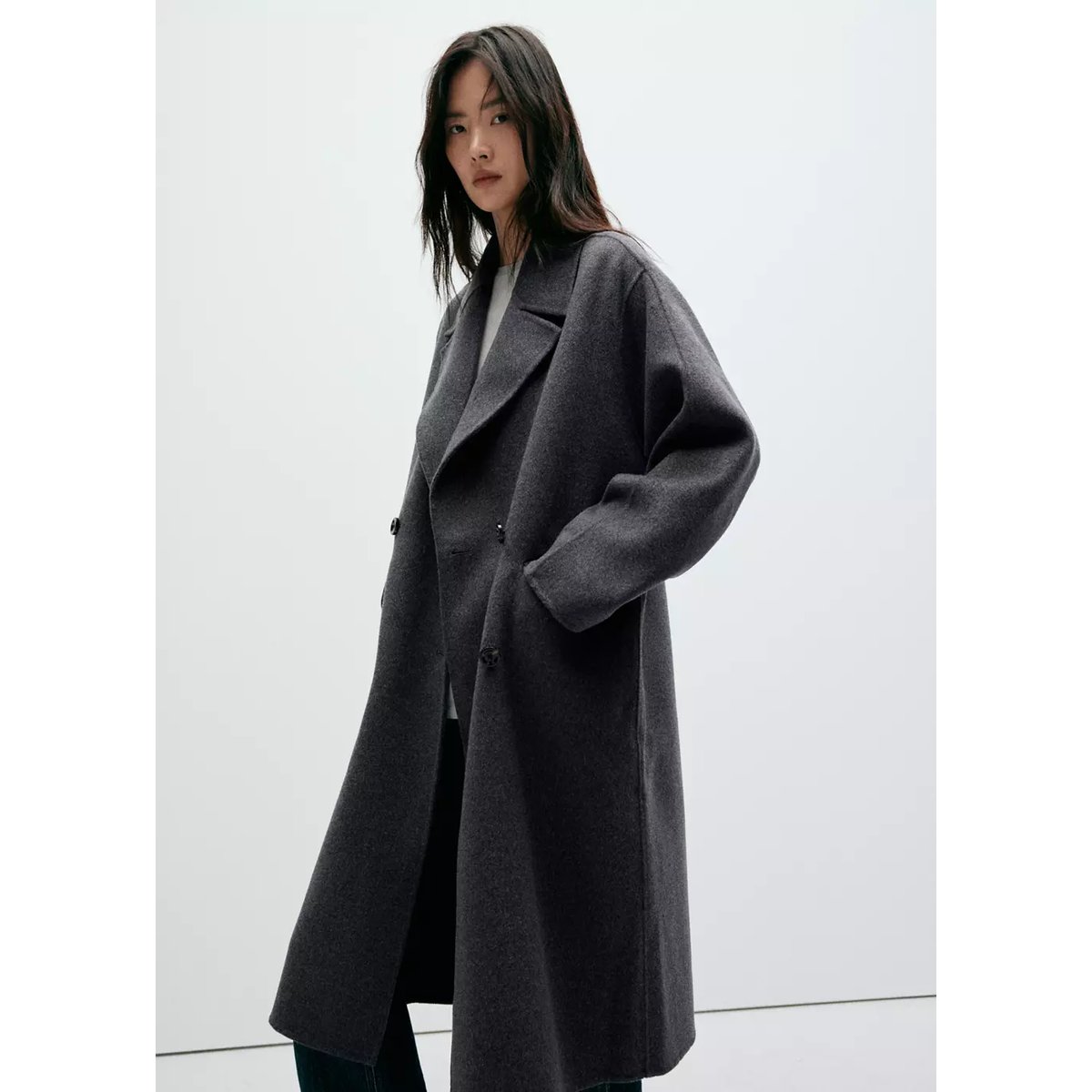 Manteau laine fait main gris chiné foncé, MANGO