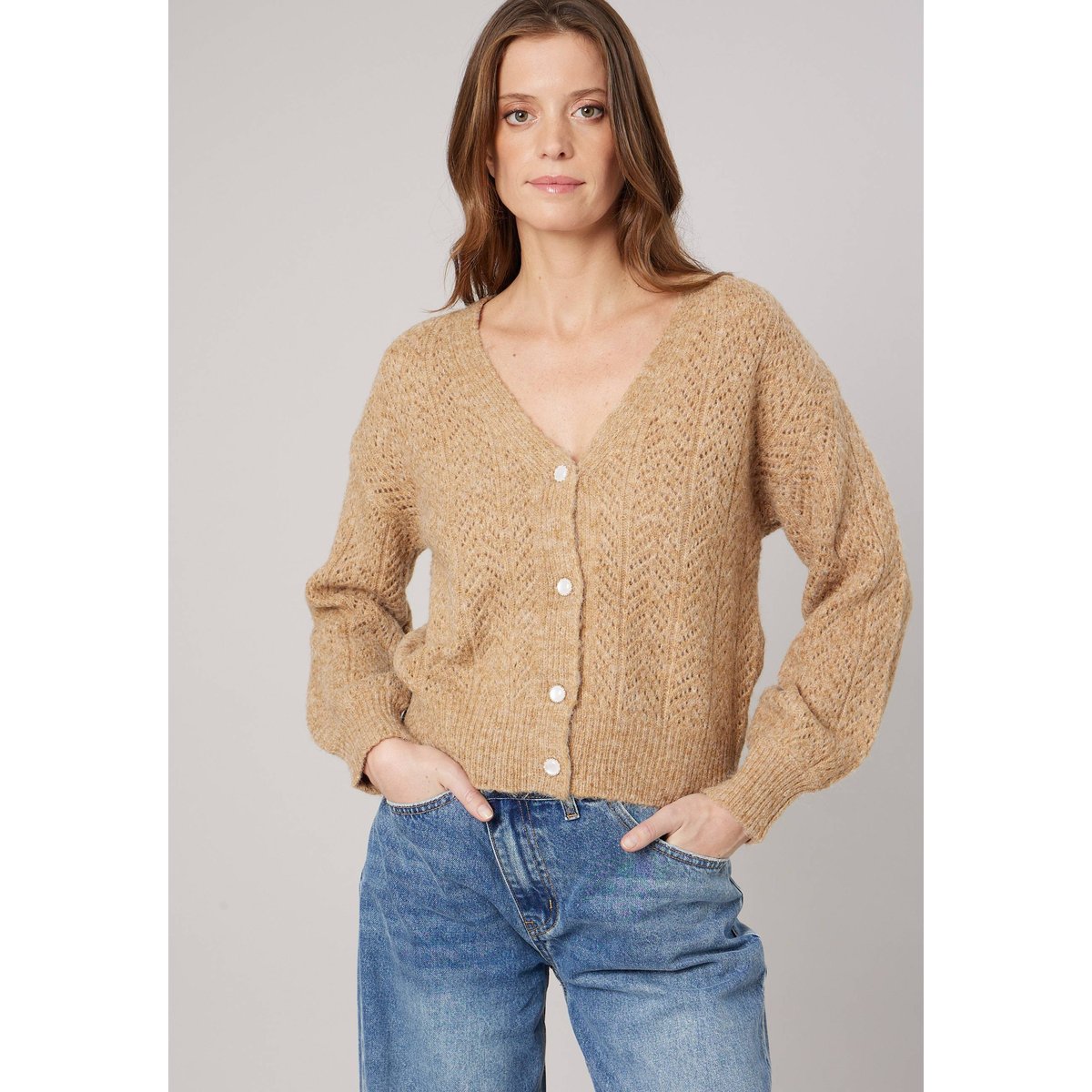 Gilet femme en maille ajourée DORFI camel, DEELUXE