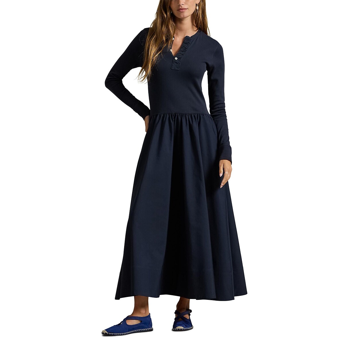 Robe longue évasée à manches longues marine, POLO RALPH LAUREN
