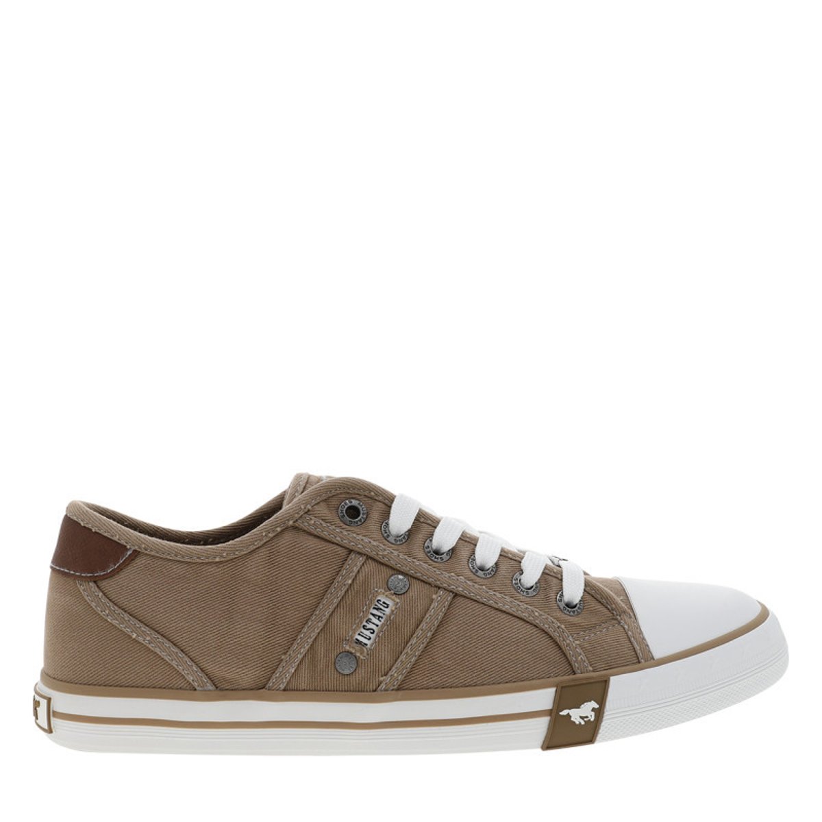 Tennis toile basse bleu marine avec un talon plat et des lacets beige, MUSTANG