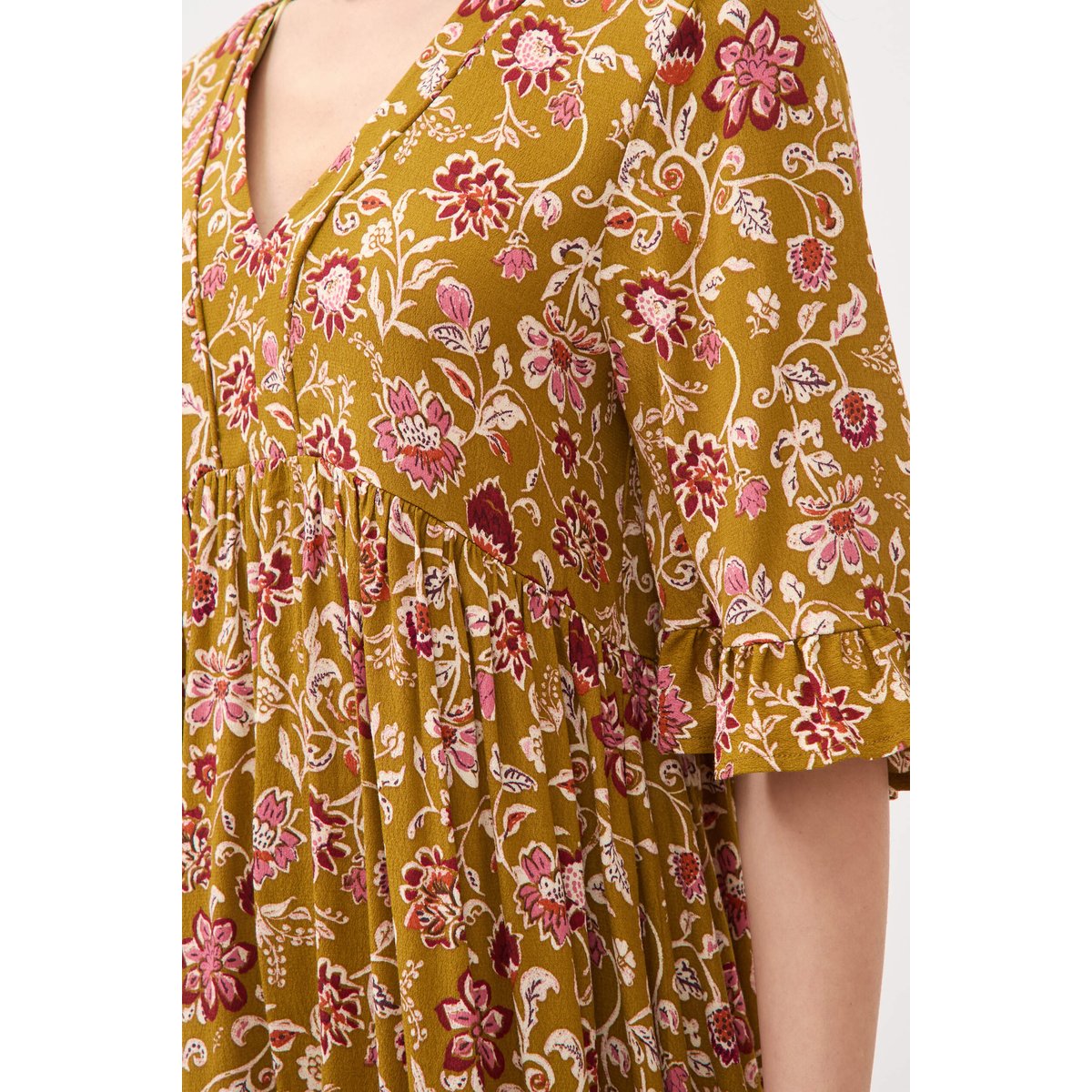 Robe col v manches au coude vert olive, BONOBO