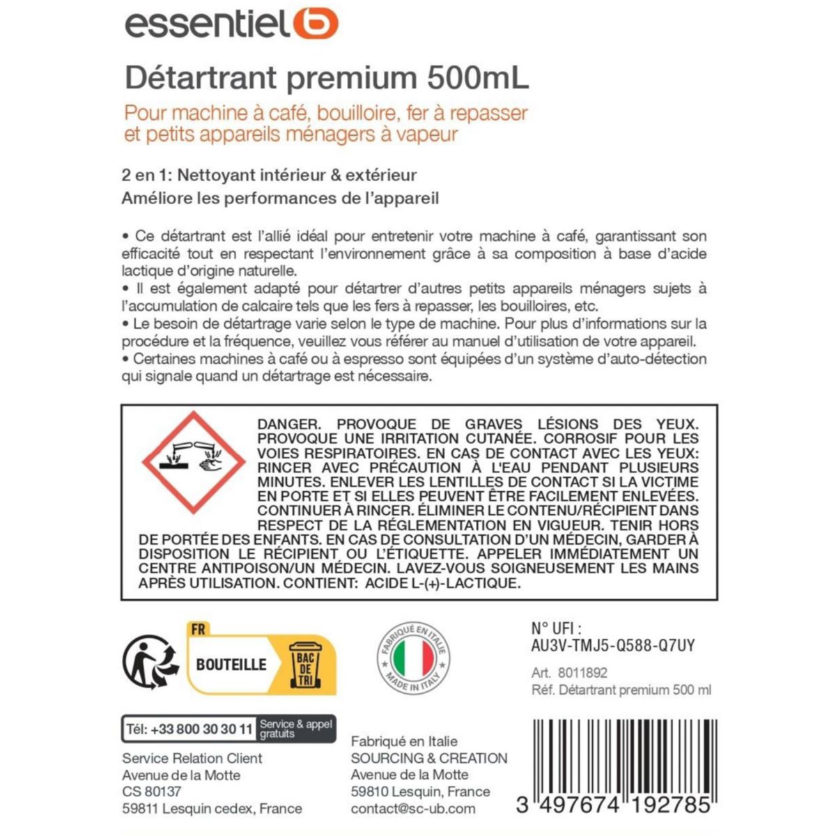 Détartrant Premium 500mL multi-appareils, efficace contre le calcaire couleur unique, ESSENTIEL B
