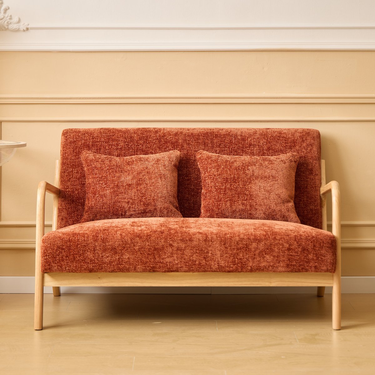 Banquette 2 places, bois massif et tissu terracotta, NORDLYS