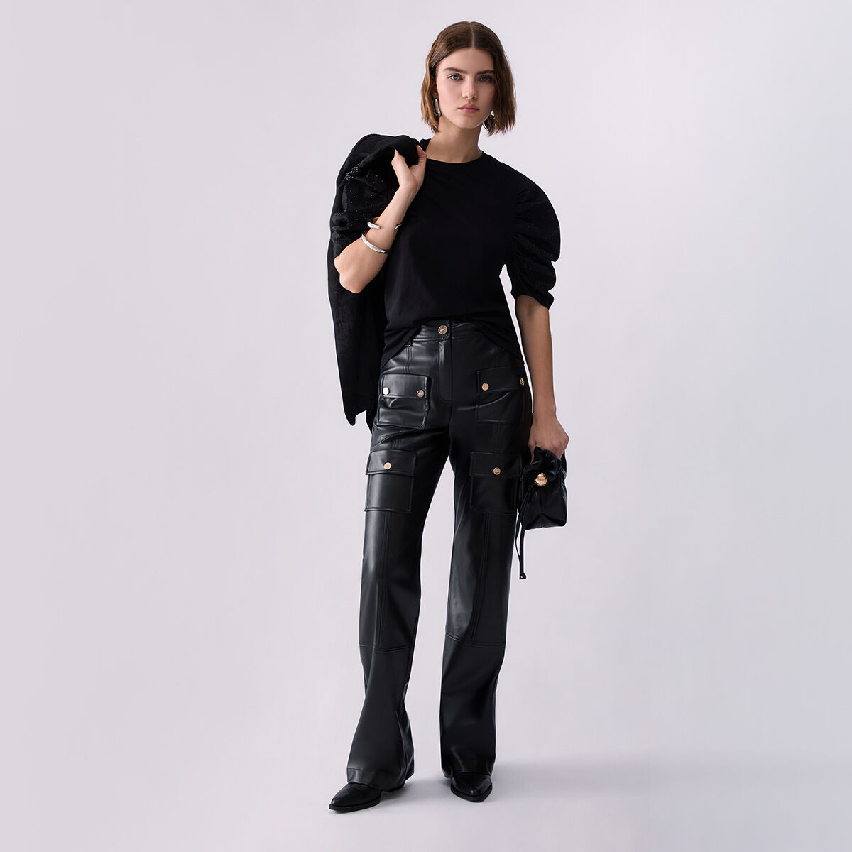 T-shirt bimatière avec manches bouffantes noir, LIU JO