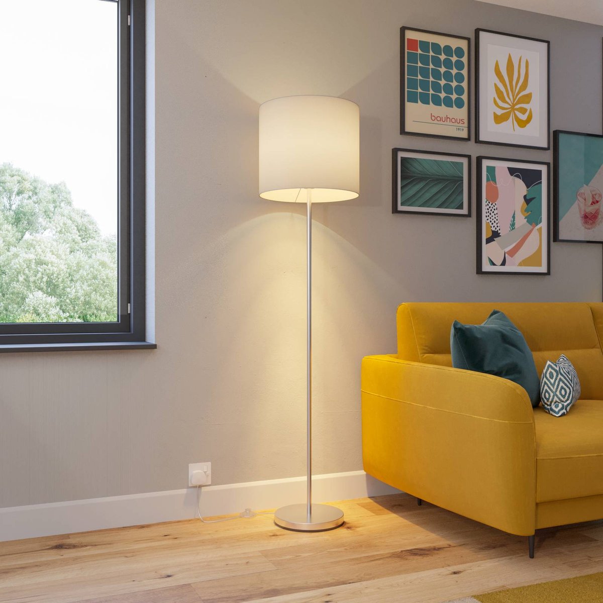 Lampadaire en textile moderne, Everly blanc, nickel mat, LINDBY