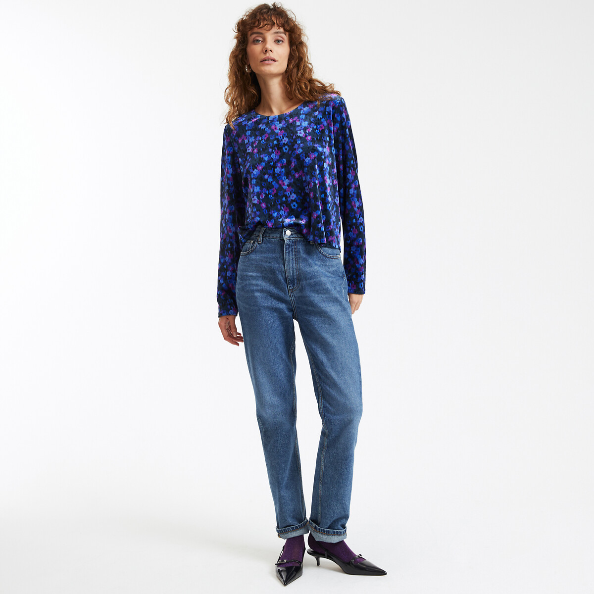 Floral Print Blouse with Crew Neck and Long Sleeves pink print/blue, LA REDOUTE COLLECTIONS