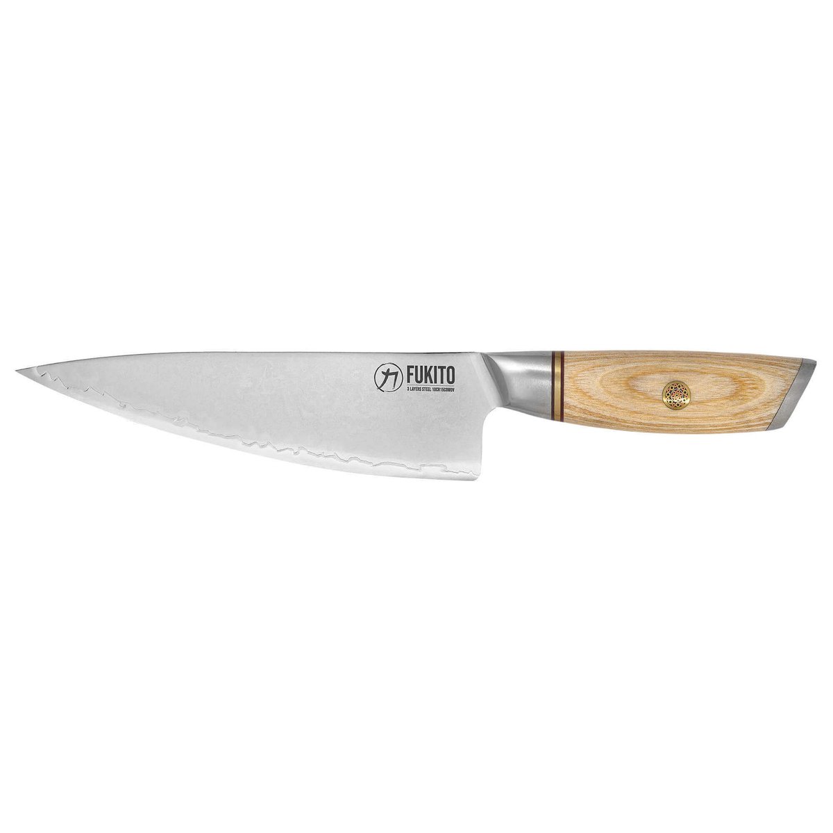 Couteau de cuisine Pakka San Mai modèle Chef 21cm bois clair, FUKITO