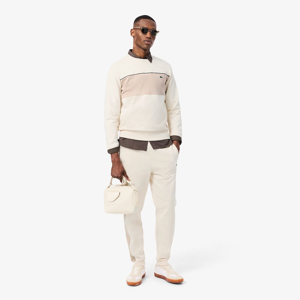 Sweatshirt classic fit en molleton color block beige, LACOSTE