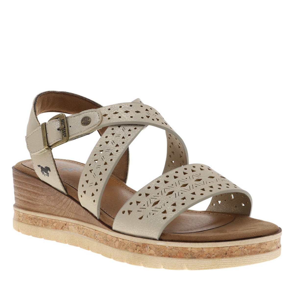 Sandales beiges à semelle compensée effet bois et à boucle à ardillon beige, MUSTANG