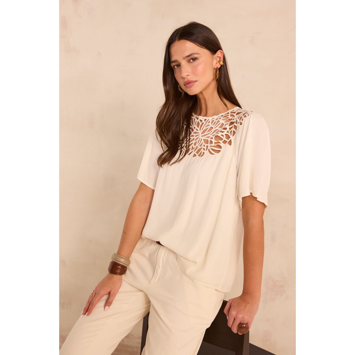 Blouse dentelles à manches courtes MELISSA creme, Maison 123