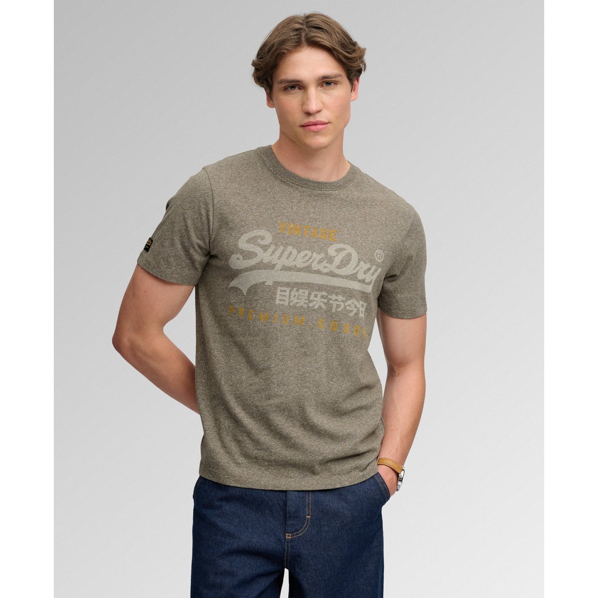 T-shirt Vintage Logo Heritage Coupe Décontractée vert olive chiné, SUPERDRY