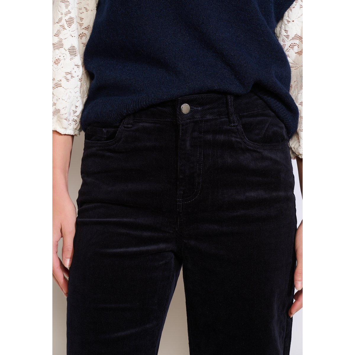 Pantalon droit en velours côtelé bleu marine, LOLALIZA