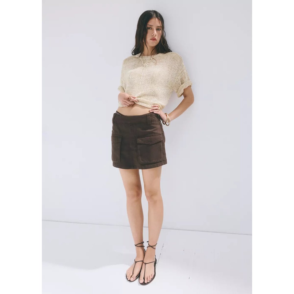 Jupe-short en denim cargo chocolat, MANGO