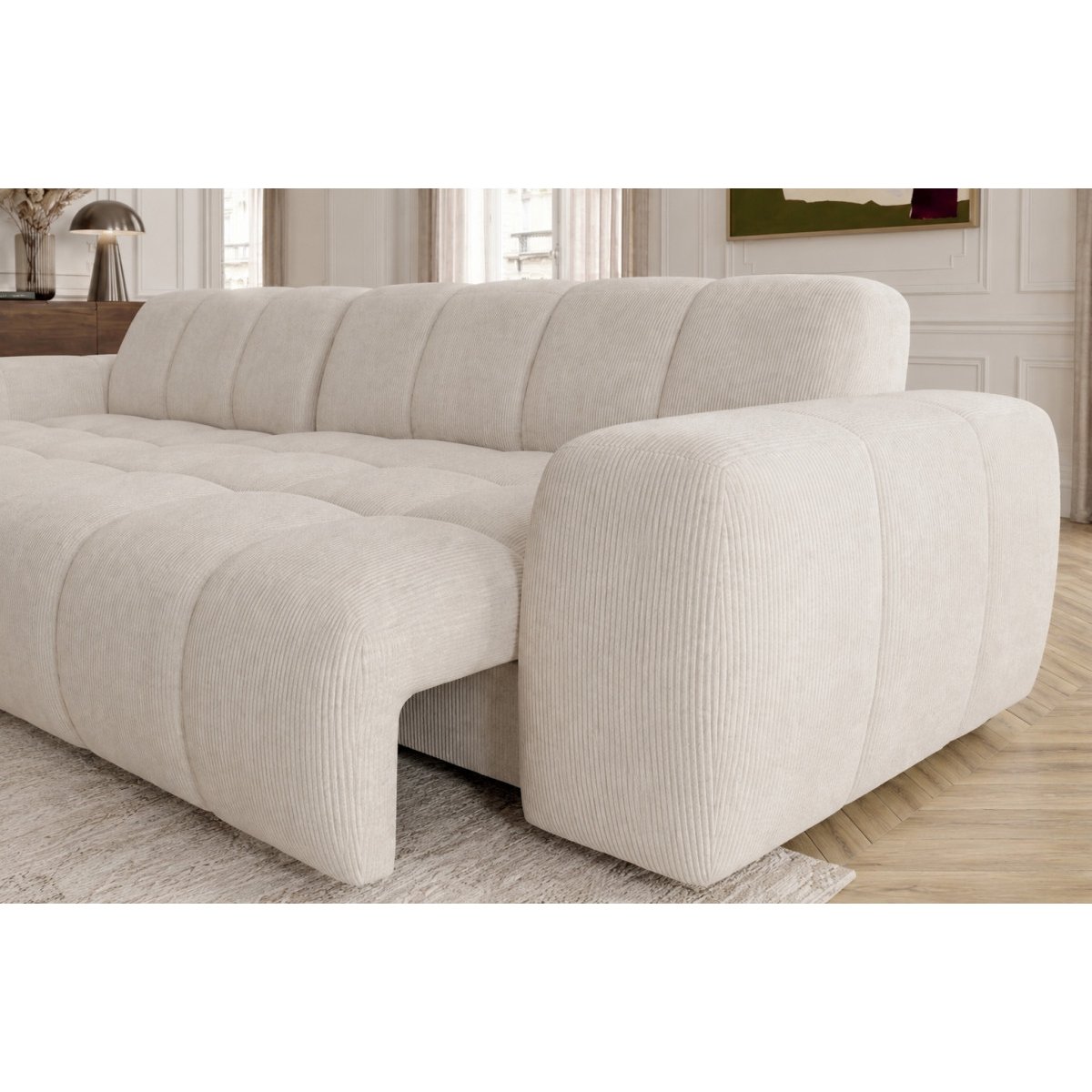 Canapé d'angle convertible 3 places en tissu chenille, THEO beige, BOBOCHIC