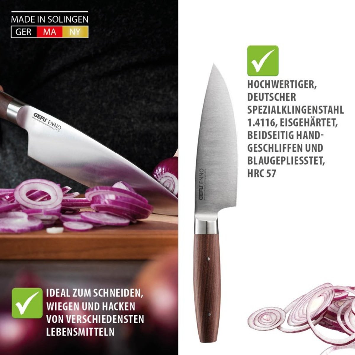 Couteau de cuisine Enno 15 cm en acier et bois de noyer argent et marron, GEFU