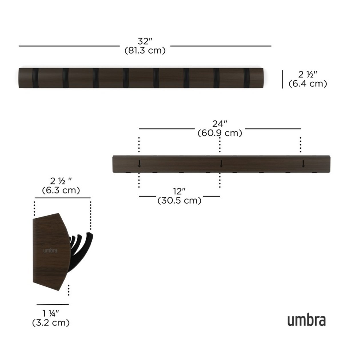 Portemanteau mural bois 8 patères FLIP bois foncé, UMBRA