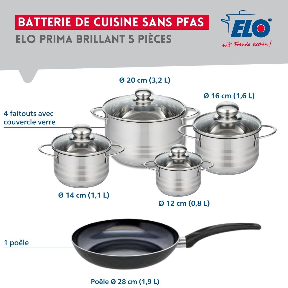 Batterie 1 poêle 28cm + 4 faitouts 12/14/16/20cm PRIMA BRILLANT noir, ELO