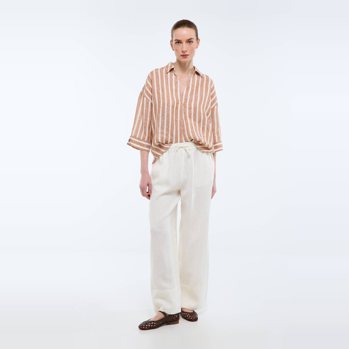 Pantalon large à taille élastiquée en lin ecru, MONOPRIX