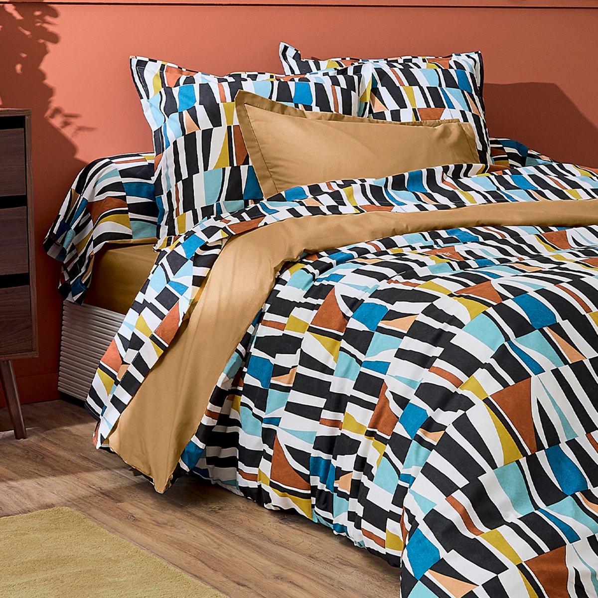 Drap coton géométrique réversible uni noir, TRADILINGE