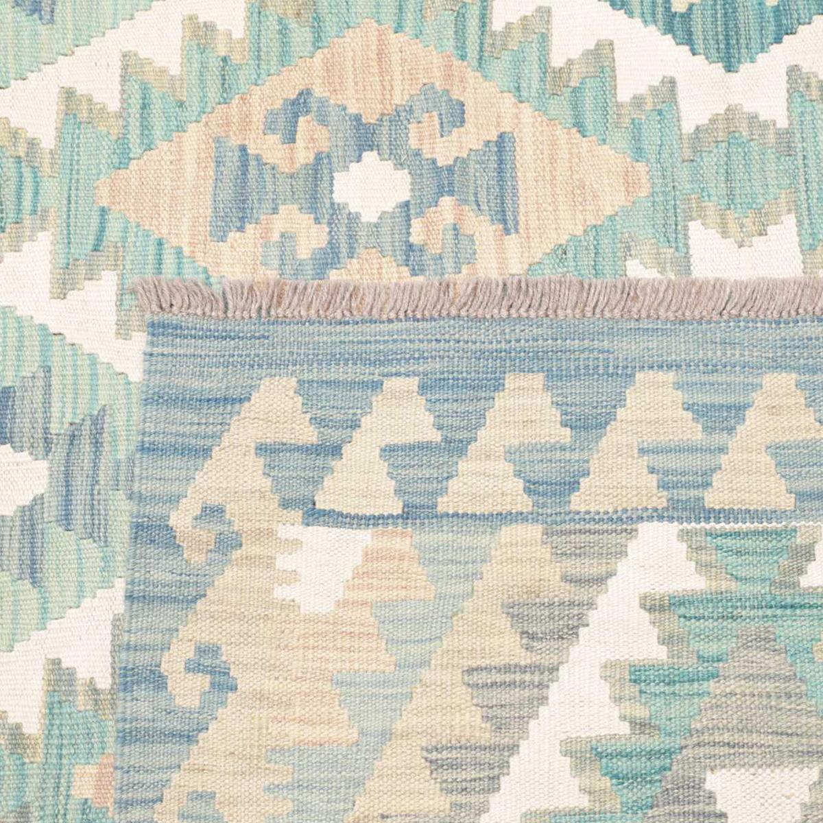 Tapis kilim, motif géométrique authentique, tissé à plat, KILIM 62 bleu, beige, crème, UN AMOUR DE TAPIS
