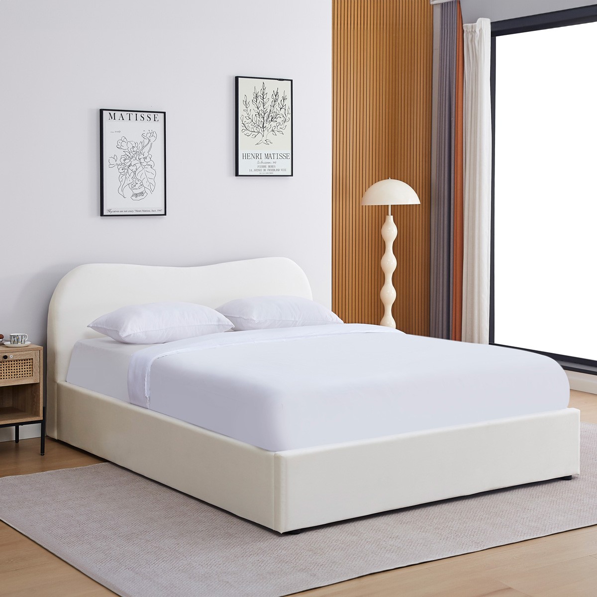 Lit avec tête de lit en velours - NINON beige, HOMIFAB