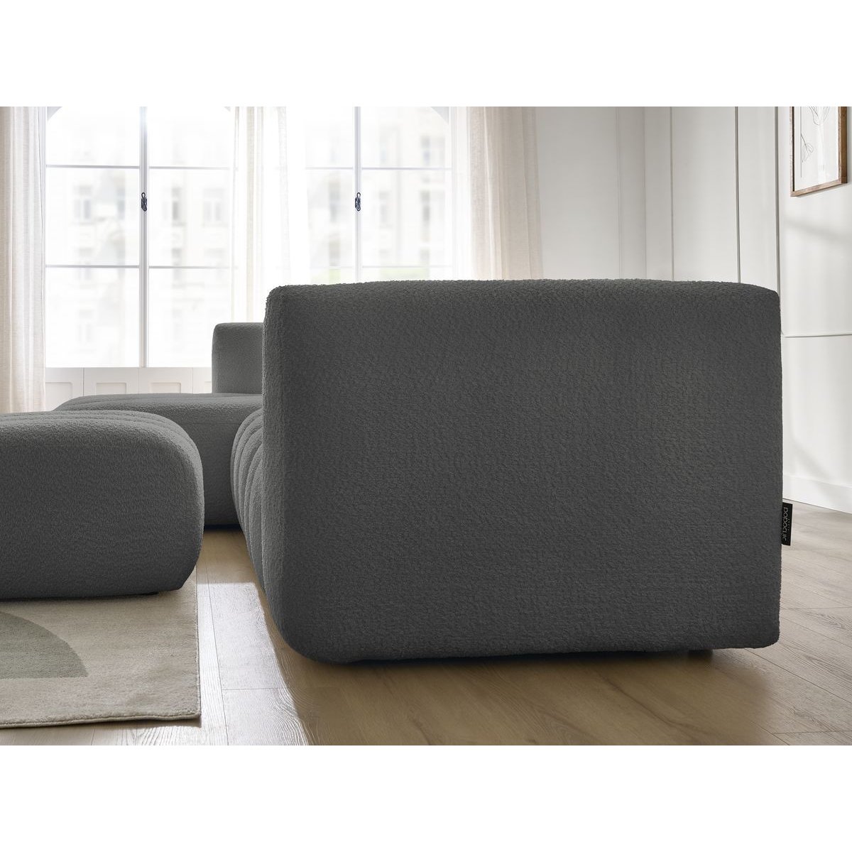 Canapé d'angle fixe 4 places en tissu bouclette avec pouf, TALIA gris foncé, BOBOCHIC